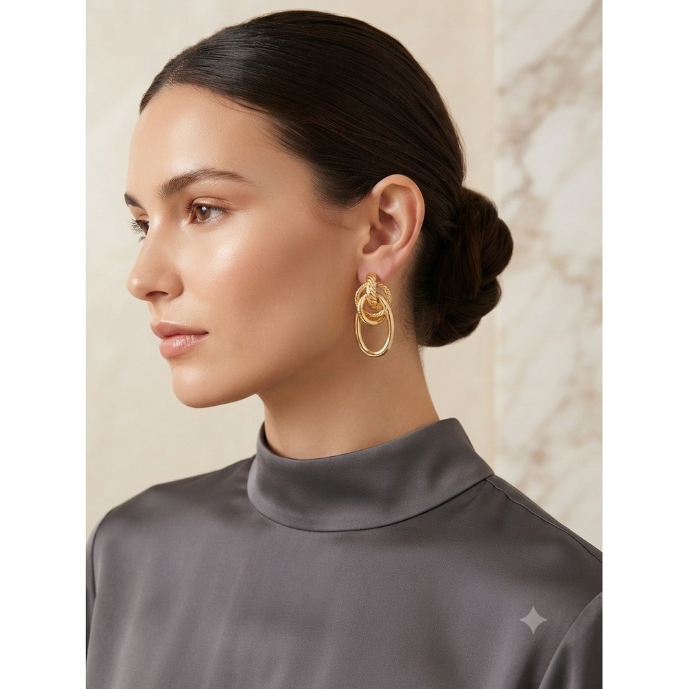 Gold Interlocking Triple Hoop Drop Earrings Textured Rope Link Statement Womens